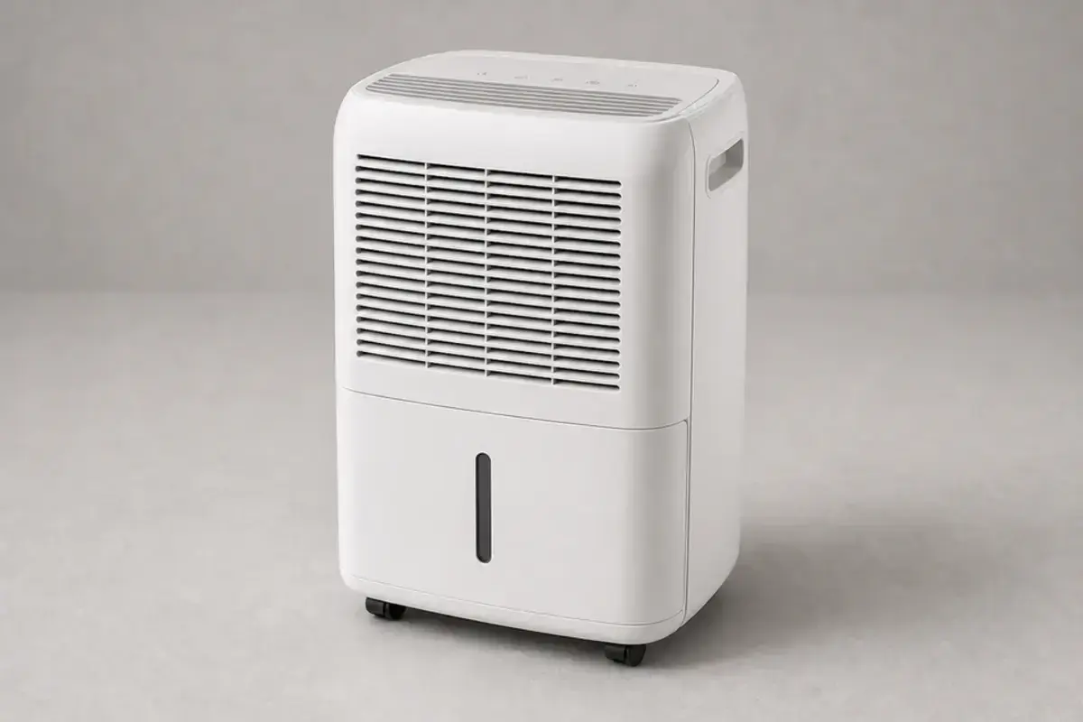 Basement dehumidifier used for condensation behind a basement shelf