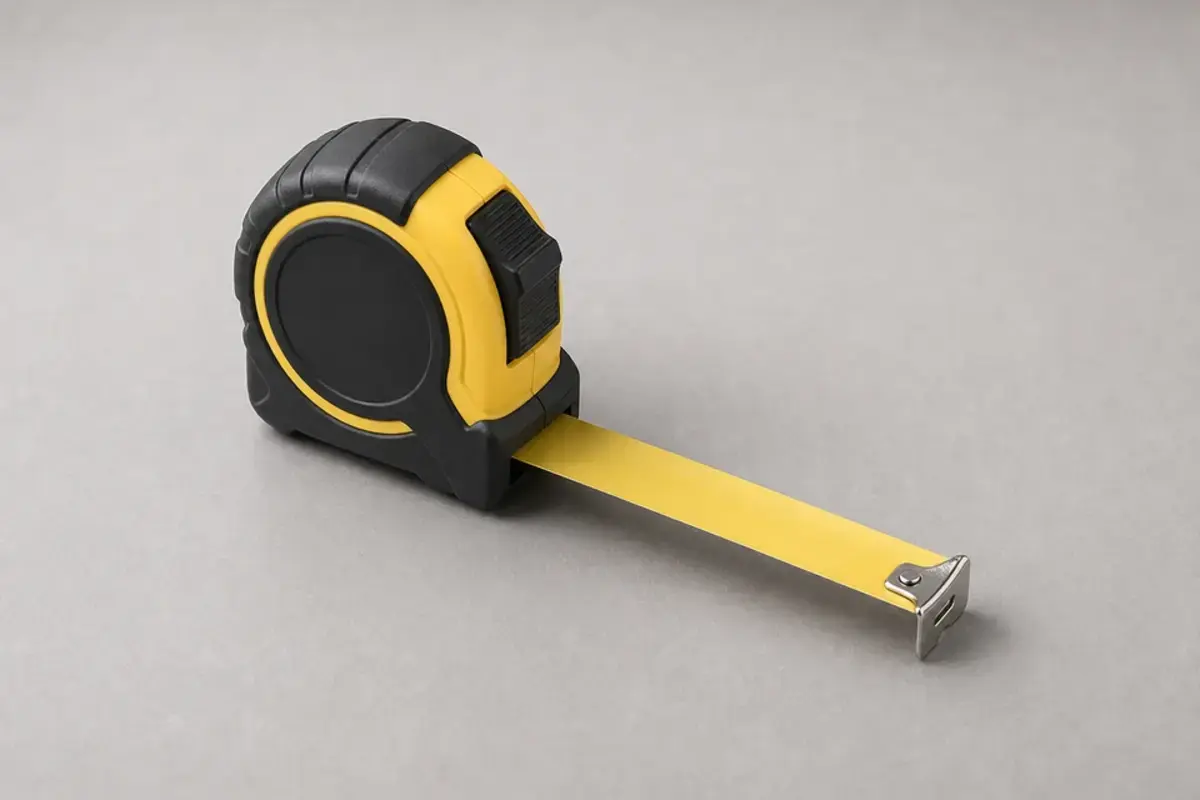Measuring tape beside a basement wall crack in winter