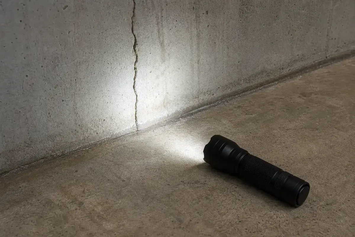 Inspection flashlight checking a cracked basement wall