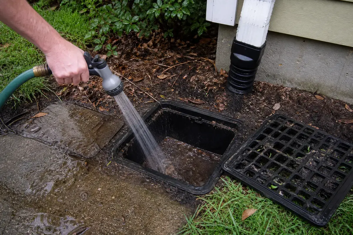 Garden hose nozzle used outside for a controlled basement wall leak test