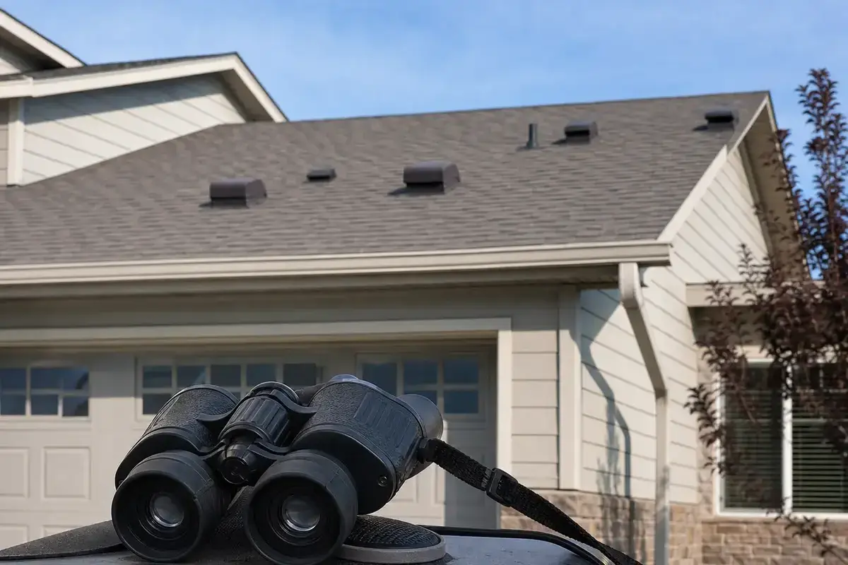Inspection binoculars used to check a soffit bat entry from the ground
