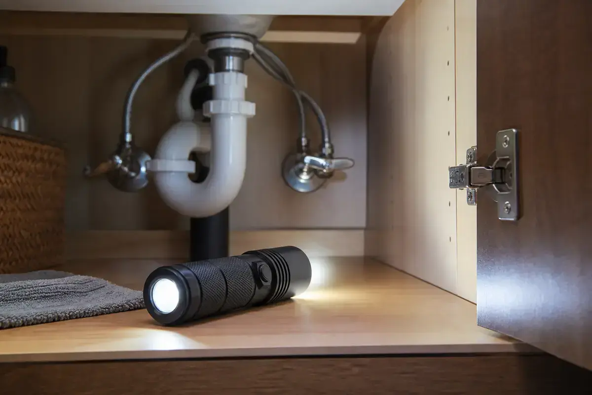 Inspection flashlight aimed at bathroom sink plumbing under the cabinet