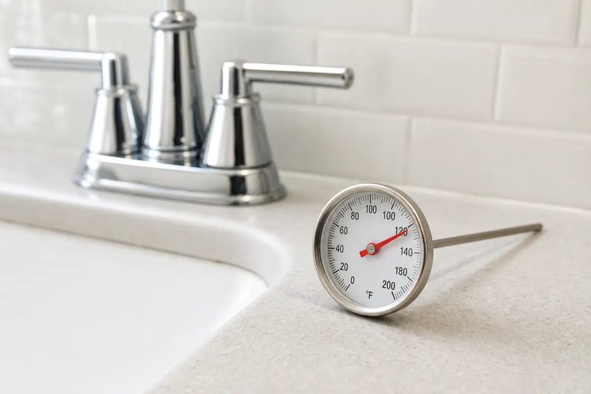 Faucet thermometer checking hot water temperature at a bathroom sink