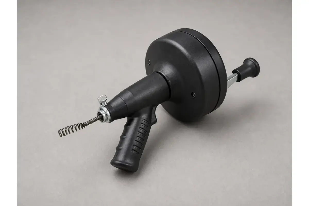 Small hand drain auger staged near a bathroom sink