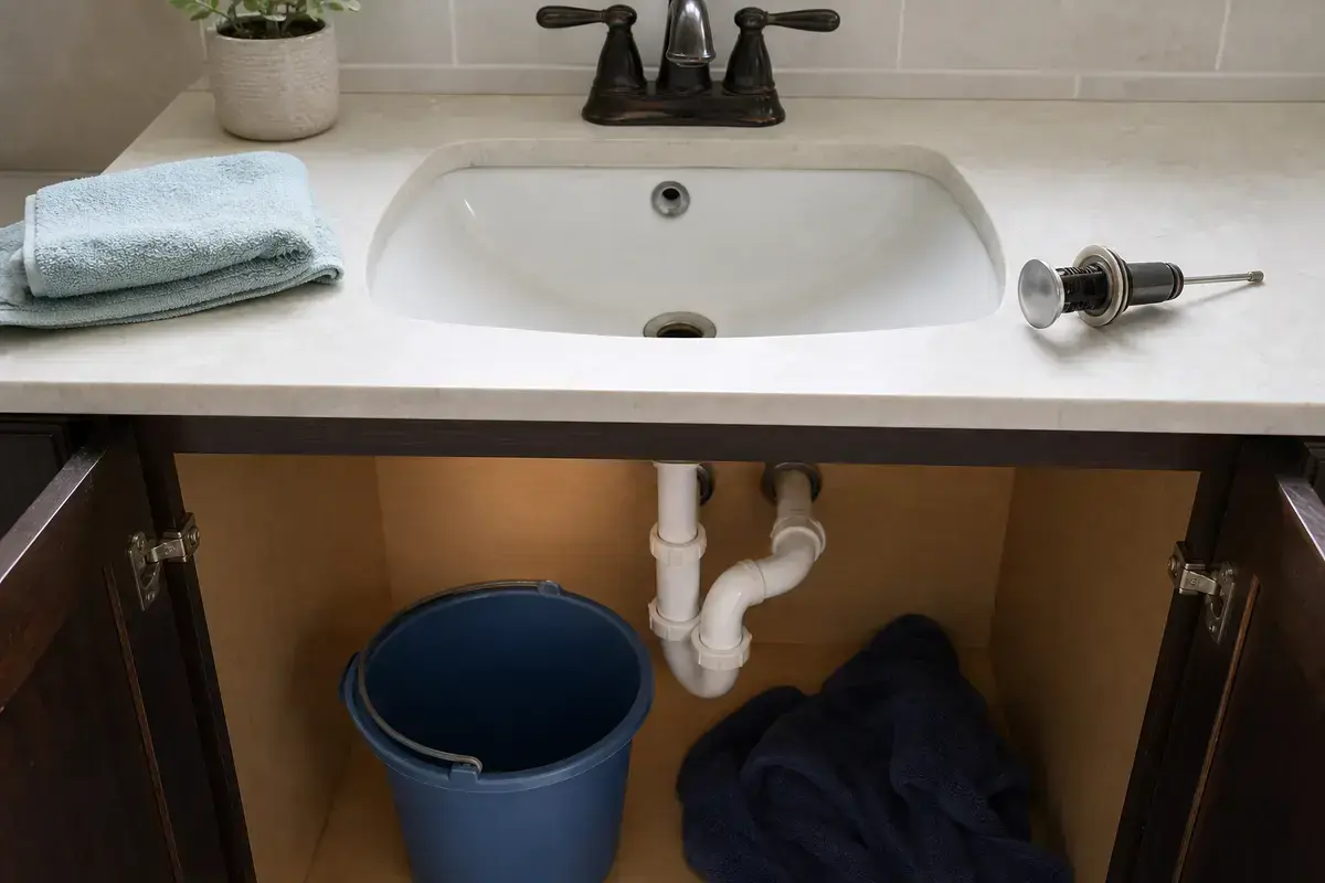 Bucket and towel under a bathroom sink drain