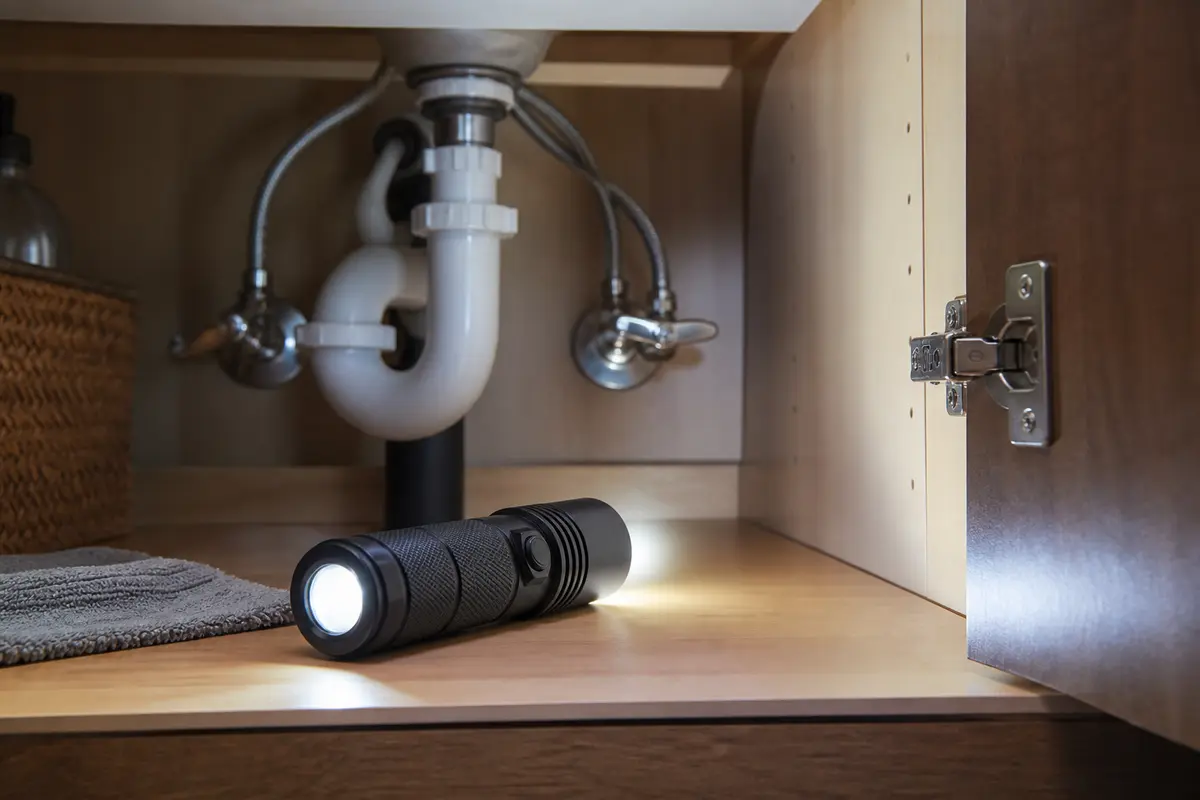 Inspection flashlight lighting bathroom sink plumbing inside a vanity