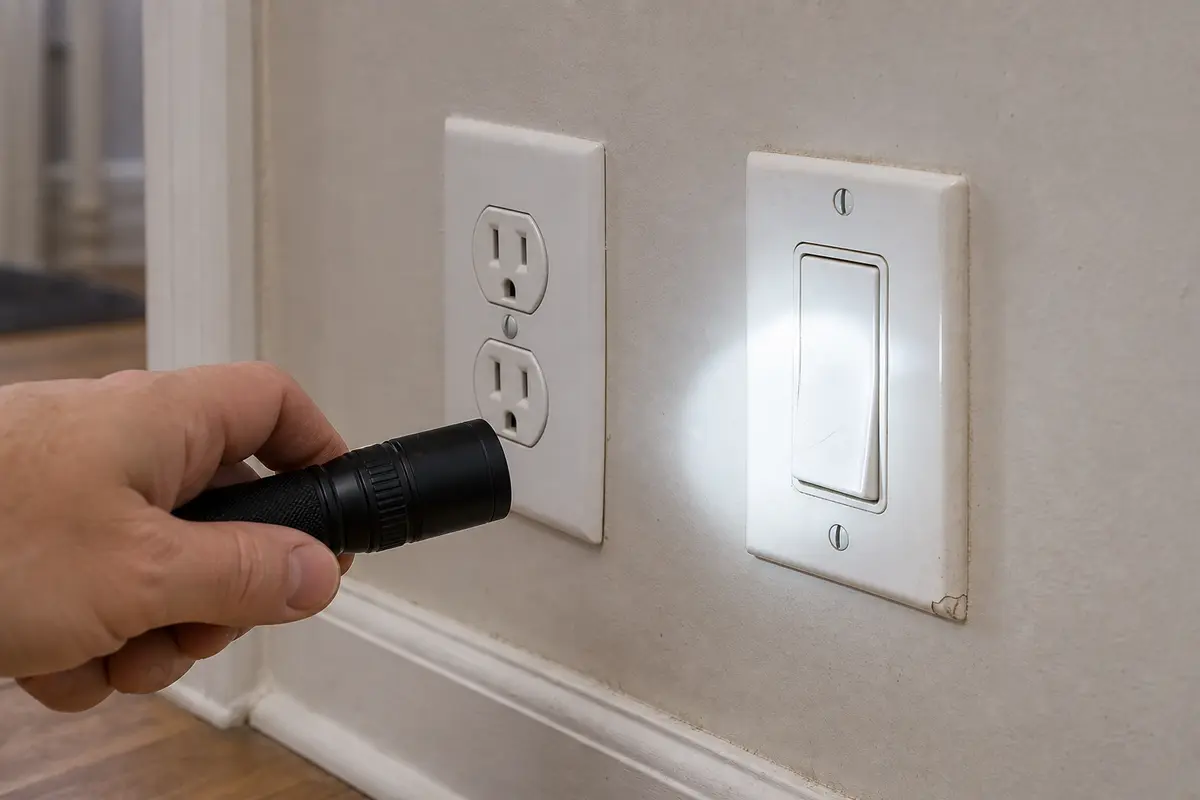Inspection flashlight checking wall switch and outlet covers for buzzing clues
