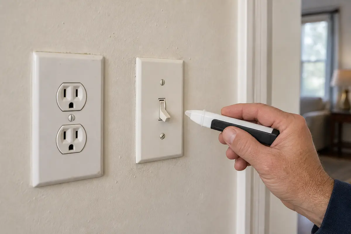Non-contact voltage tester checking a wall switch from outside