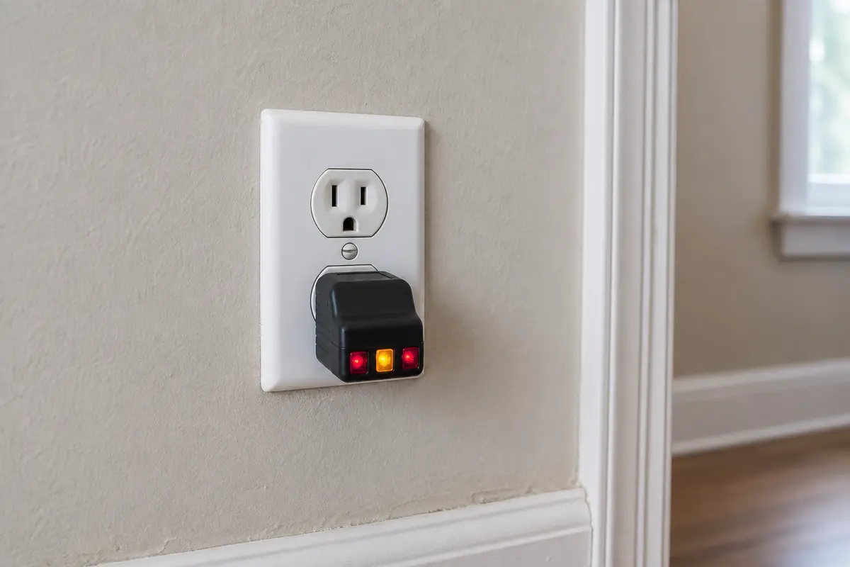 Plug-in outlet tester in a receptacle linked to a wall buzz
