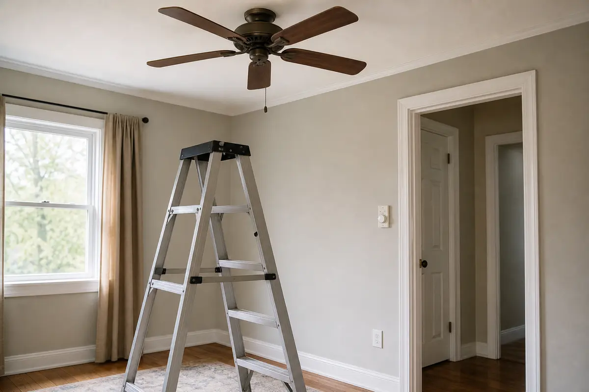 Stable step ladder for safe ceiling fan inspection