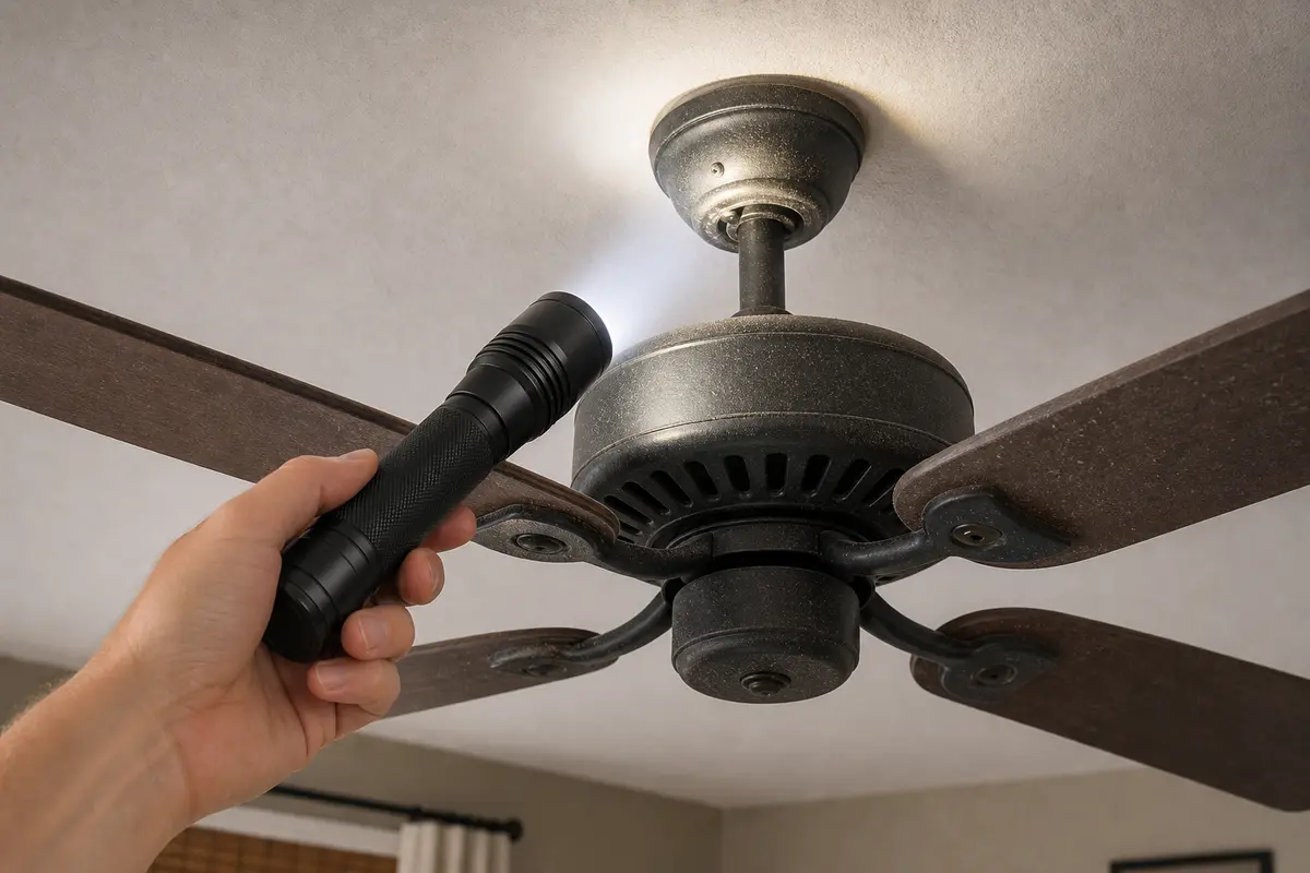 Inspection flashlight aimed at a ceiling fan motor housing and canopy