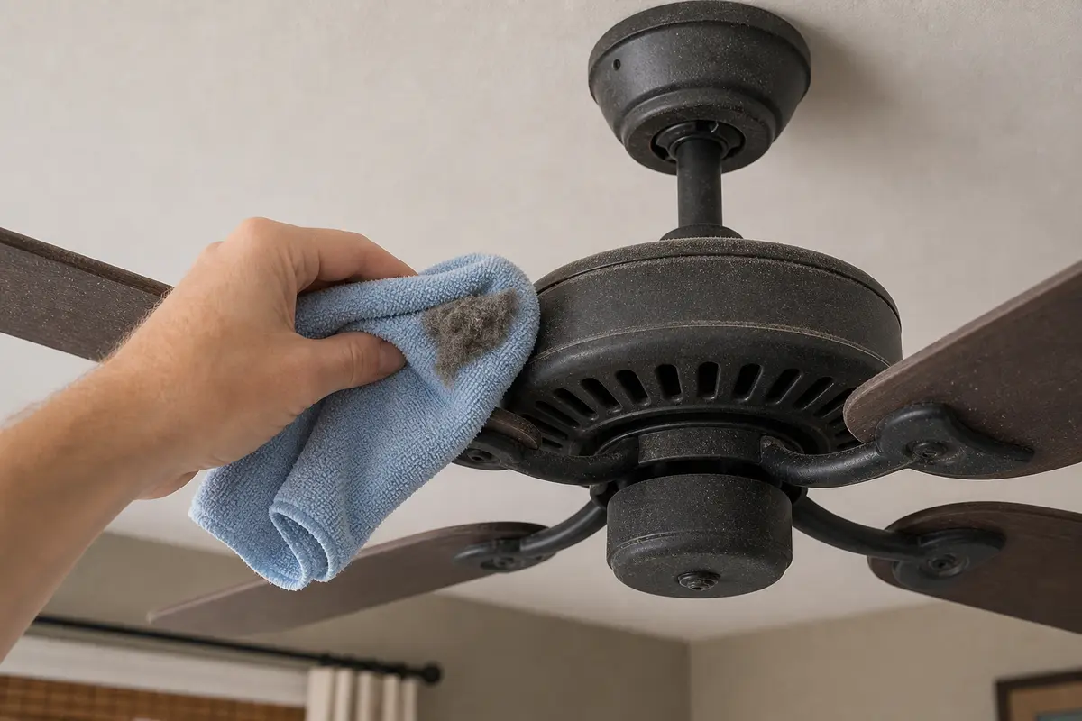 Microfiber cloth wiping dust from a ceiling fan blade and motor housing exterior