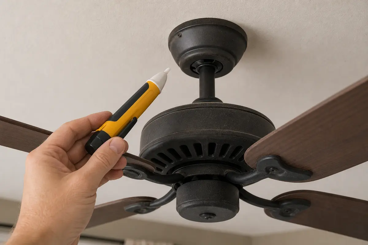 Non-contact voltage tester held near a ceiling fan housing after power is shut off