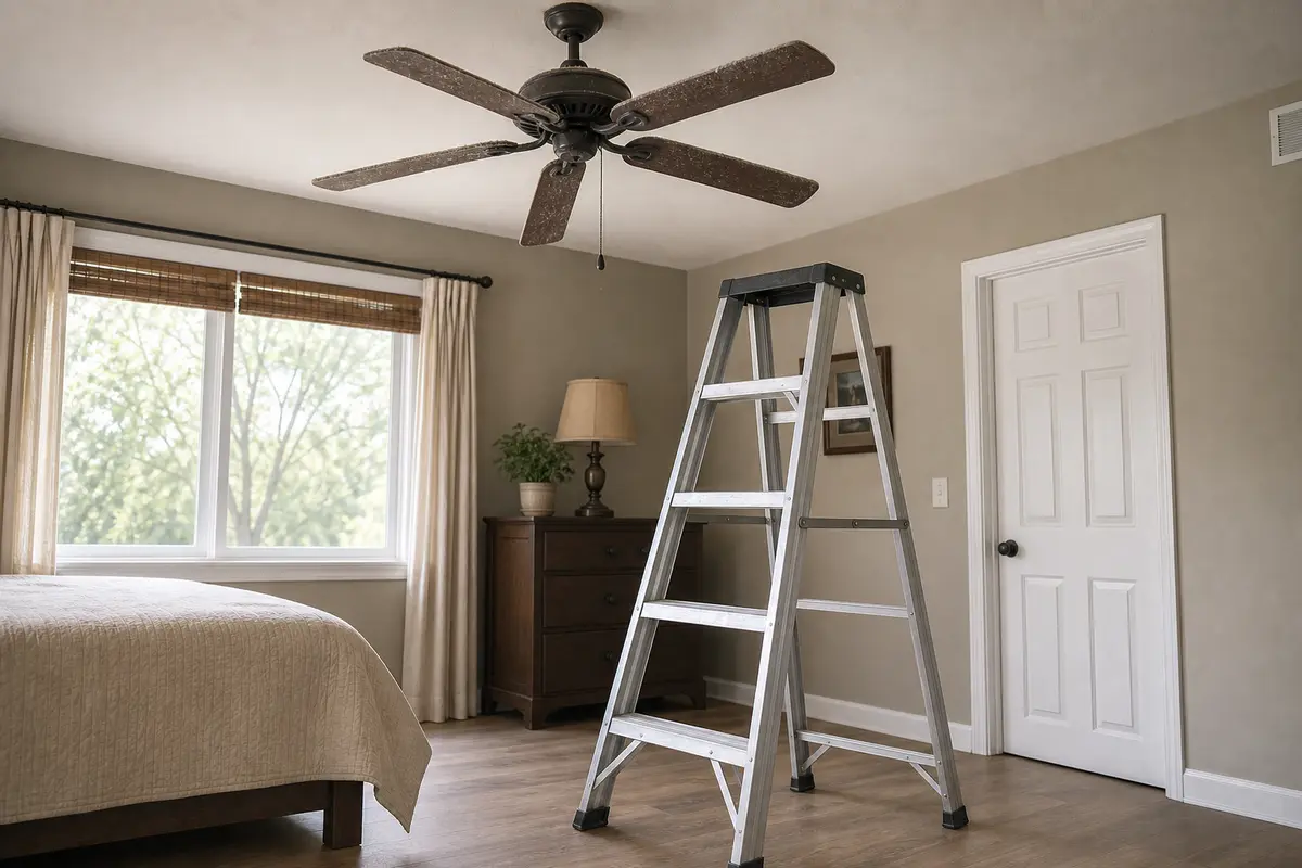 Stable step ladder positioned below a ceiling fan for safe overhead inspection