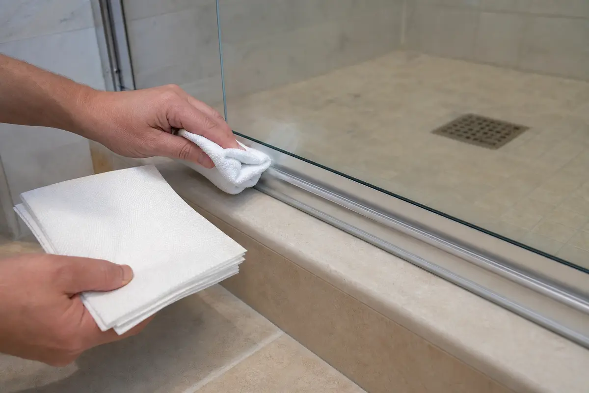 Clean cloths for drying the glass edge before installing a shower door sweep