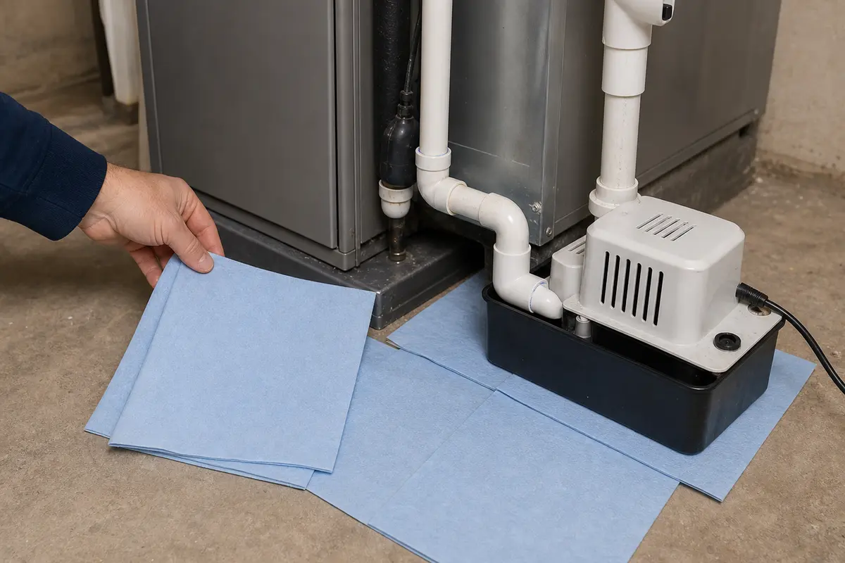 Absorbent shop towels for protecting flooring around a backed-up condensate drain