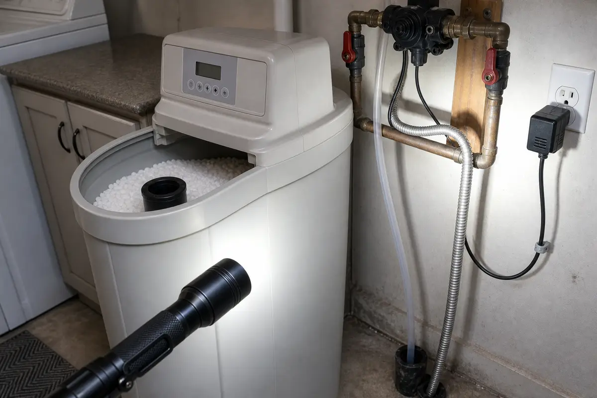 Inspection flashlight aimed at the control head, brine tank, and tubing on a water softener