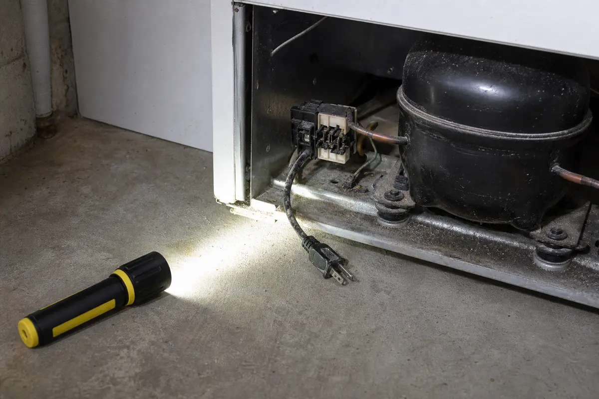 Inspection flashlight aimed at the plug and compressor compartment on a Danby-style chest freezer