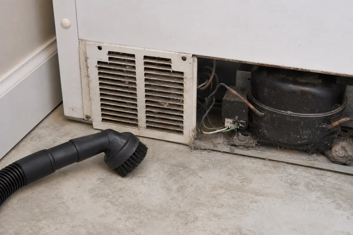 Vacuum brush attachment cleaning dust from the lower rear vent of a chest freezer