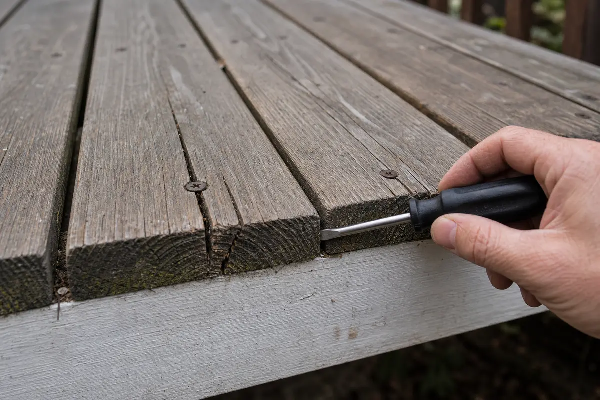 Flat screwdriver or awl for probing a split deck board