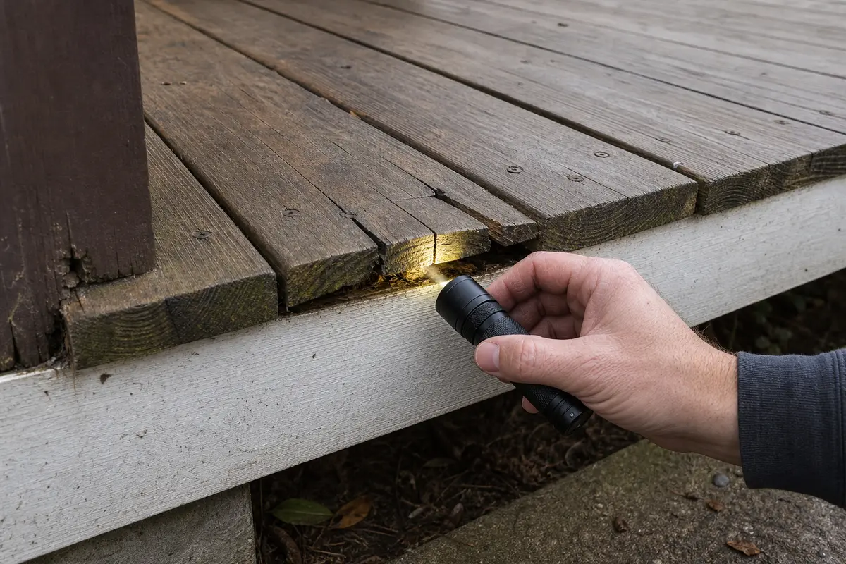 Inspection flashlight for checking deck board splitting and joist shadows