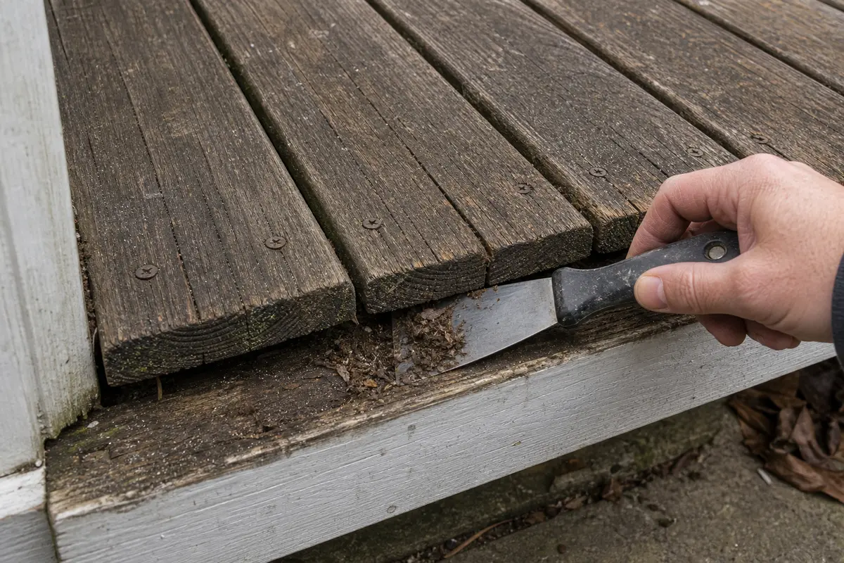 Putty knife for clearing debris from a deck board crack