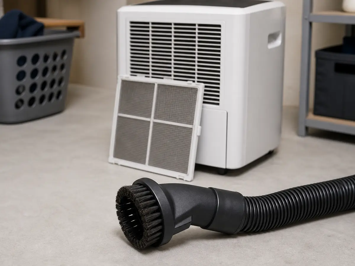 Vacuum brush attachment beside a dehumidifier intake filter for lint cleanup