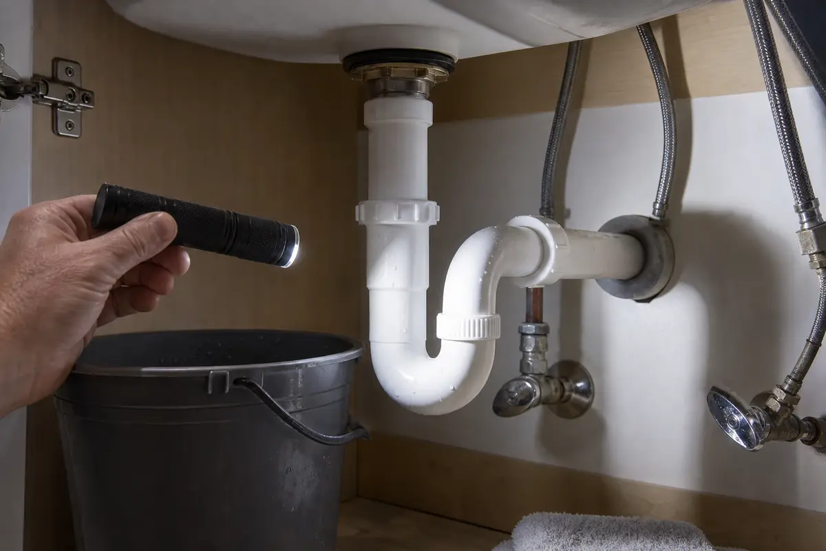 Inspection flashlight aimed at sink P-trap during gurgling drain check