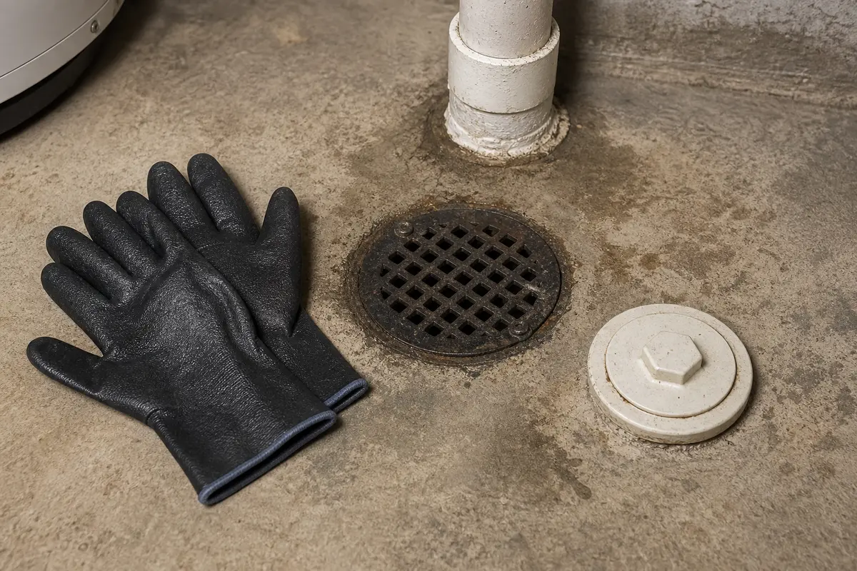 Waterproof gloves beside a basement floor drain during storm gurgle inspection
