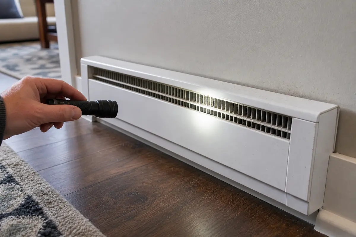 Compact inspection flashlight with bright beam for checking heater grilles and controls