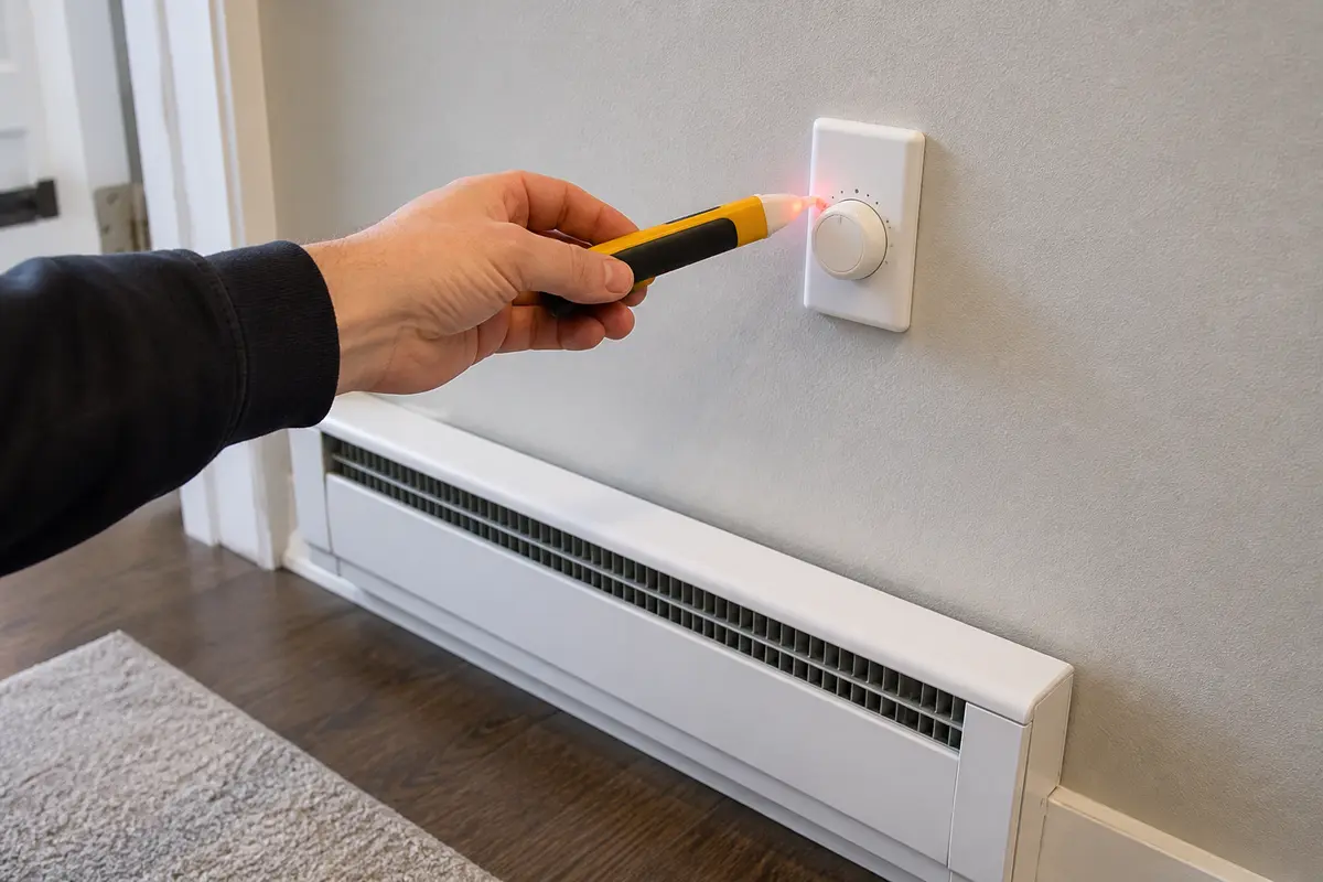 Non-contact voltage tester pen for checking electrical power at heater controls