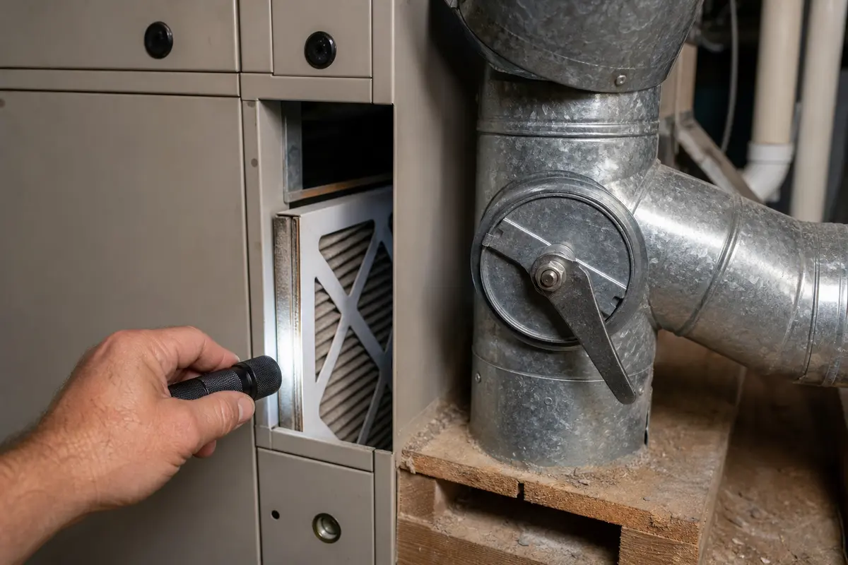 Inspection flashlight used near a furnace filter and cabinet door