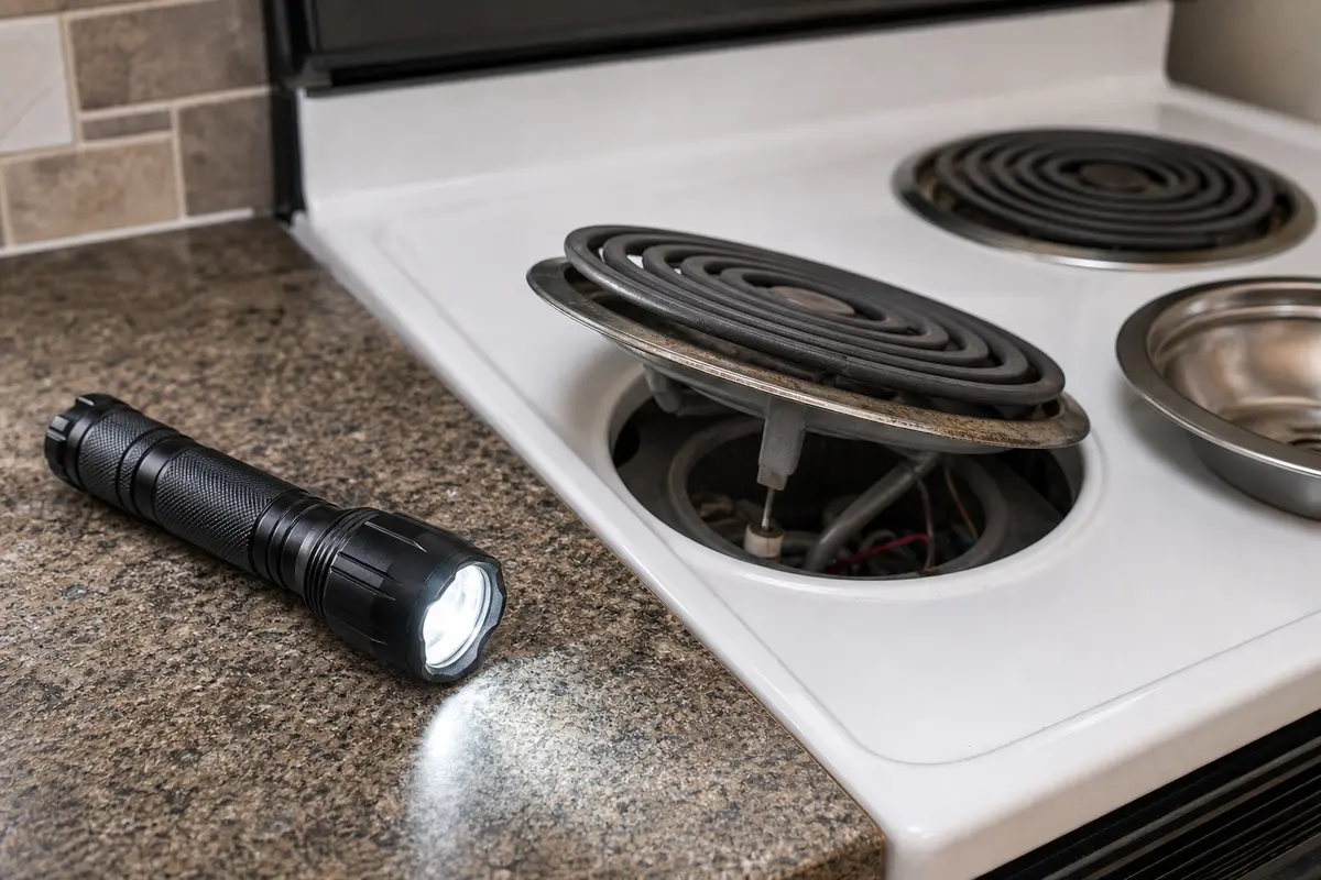 Compact inspection flashlight for checking range burner ports and model labels