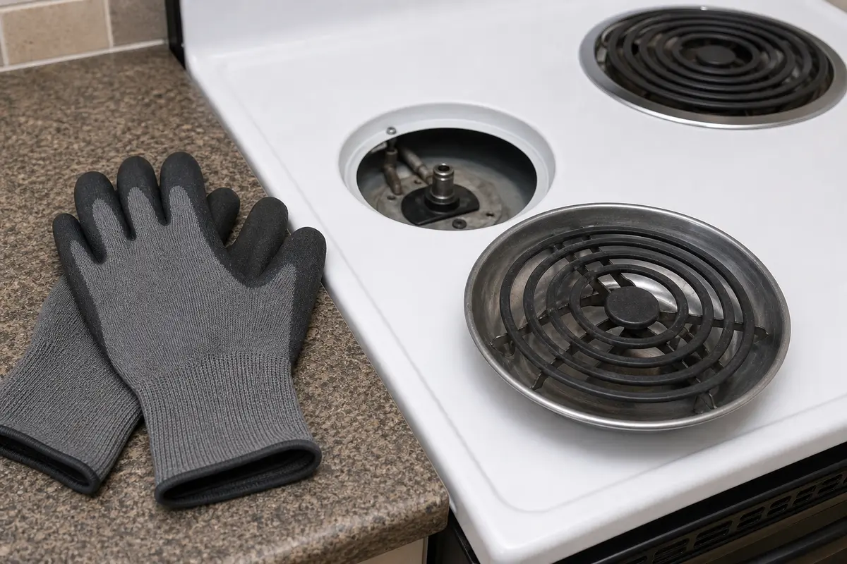 Work gloves for handling cool burner grates, caps, and sheet metal edges