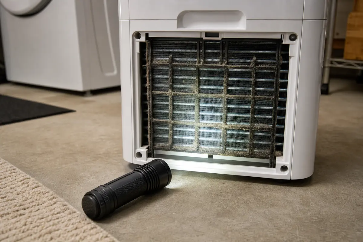 Compact flashlight in front of a dehumidifier filter opening for E3 checks