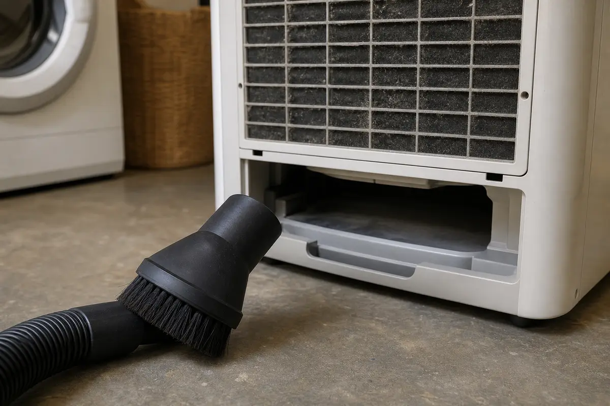 Soft vacuum brush attachment staged in front of a dehumidifier intake filter for E3 cleaning checks