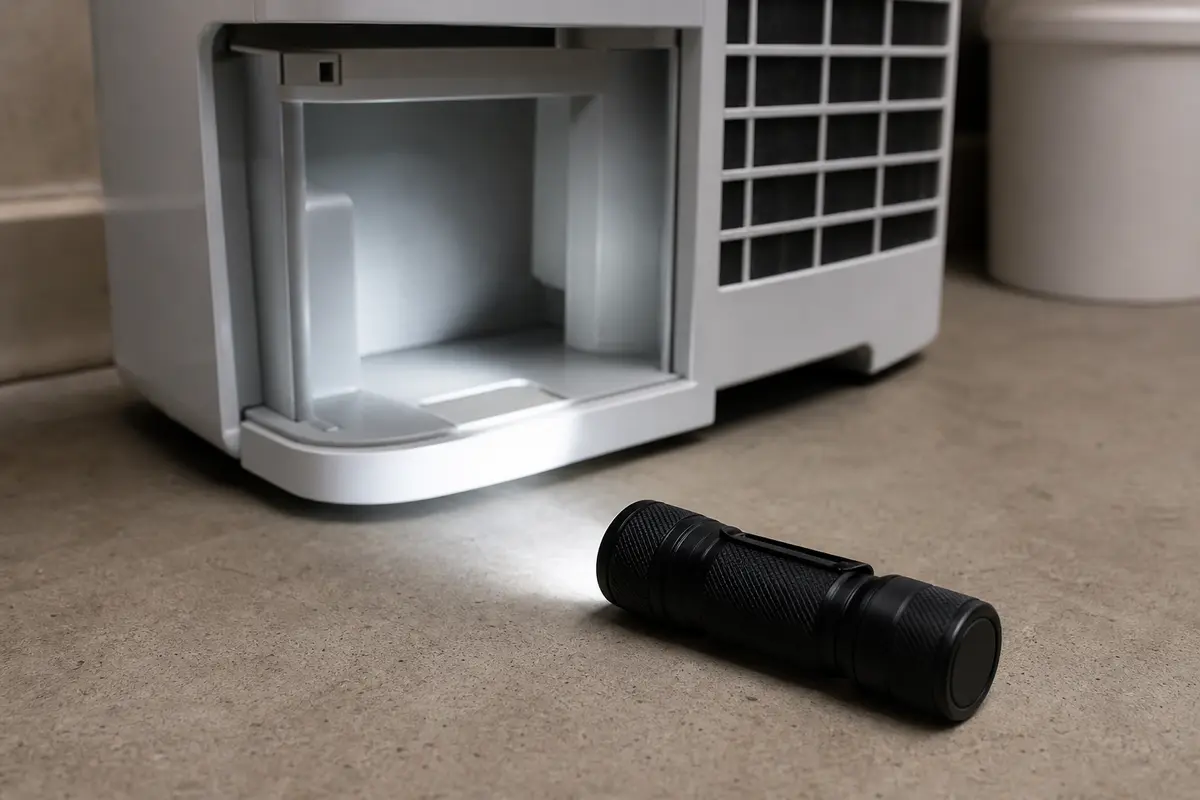 Compact inspection flashlight aimed at a Honeywell dehumidifier bucket opening