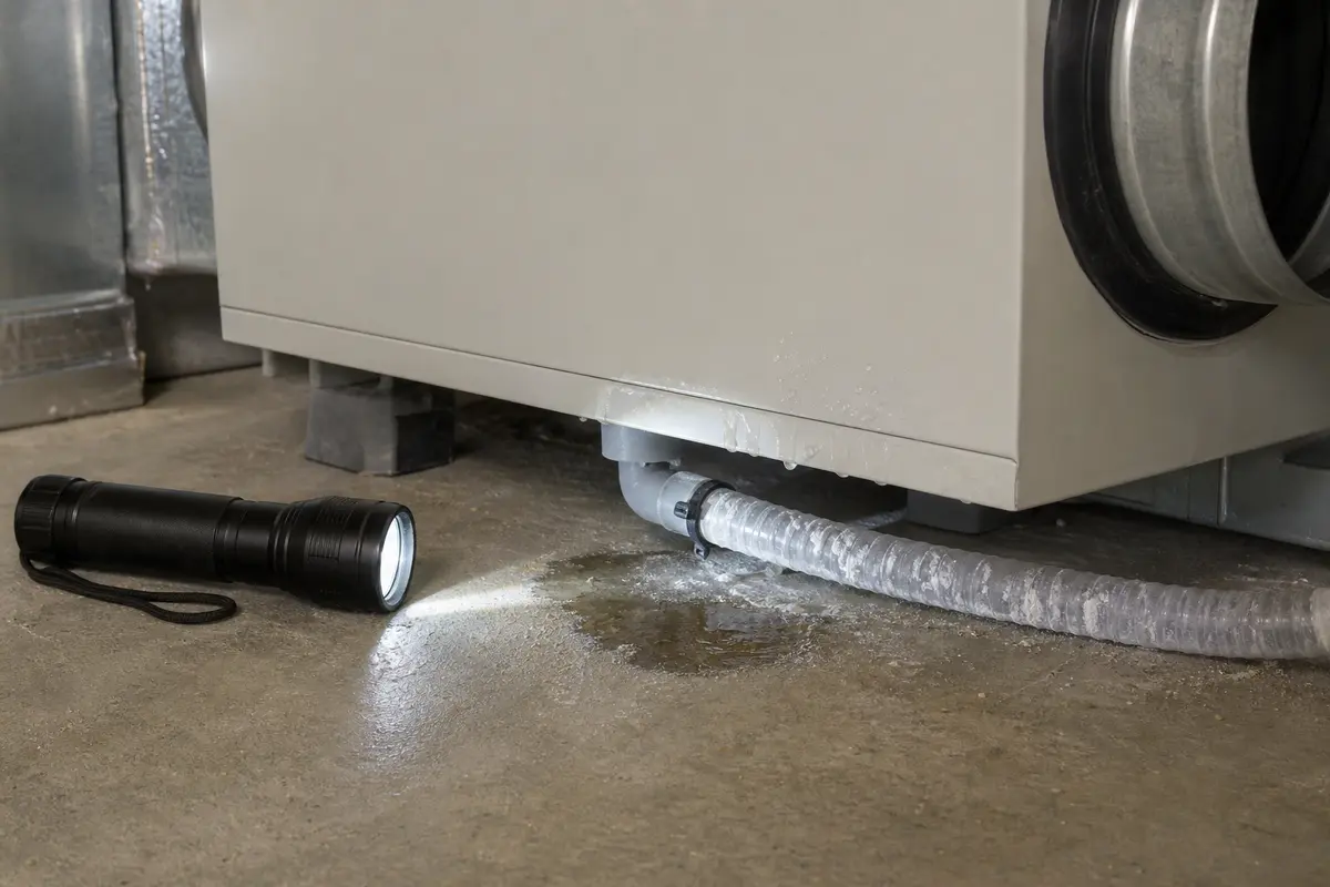 Inspection flashlight for checking HRV or ERV drain hose water tracks and frost clues