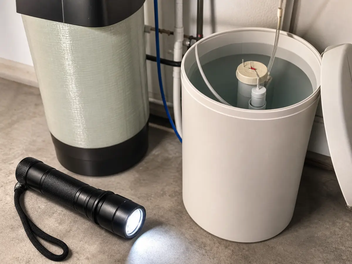 Inspection flashlight beside a water softener brine tank for brine well and tubing checks