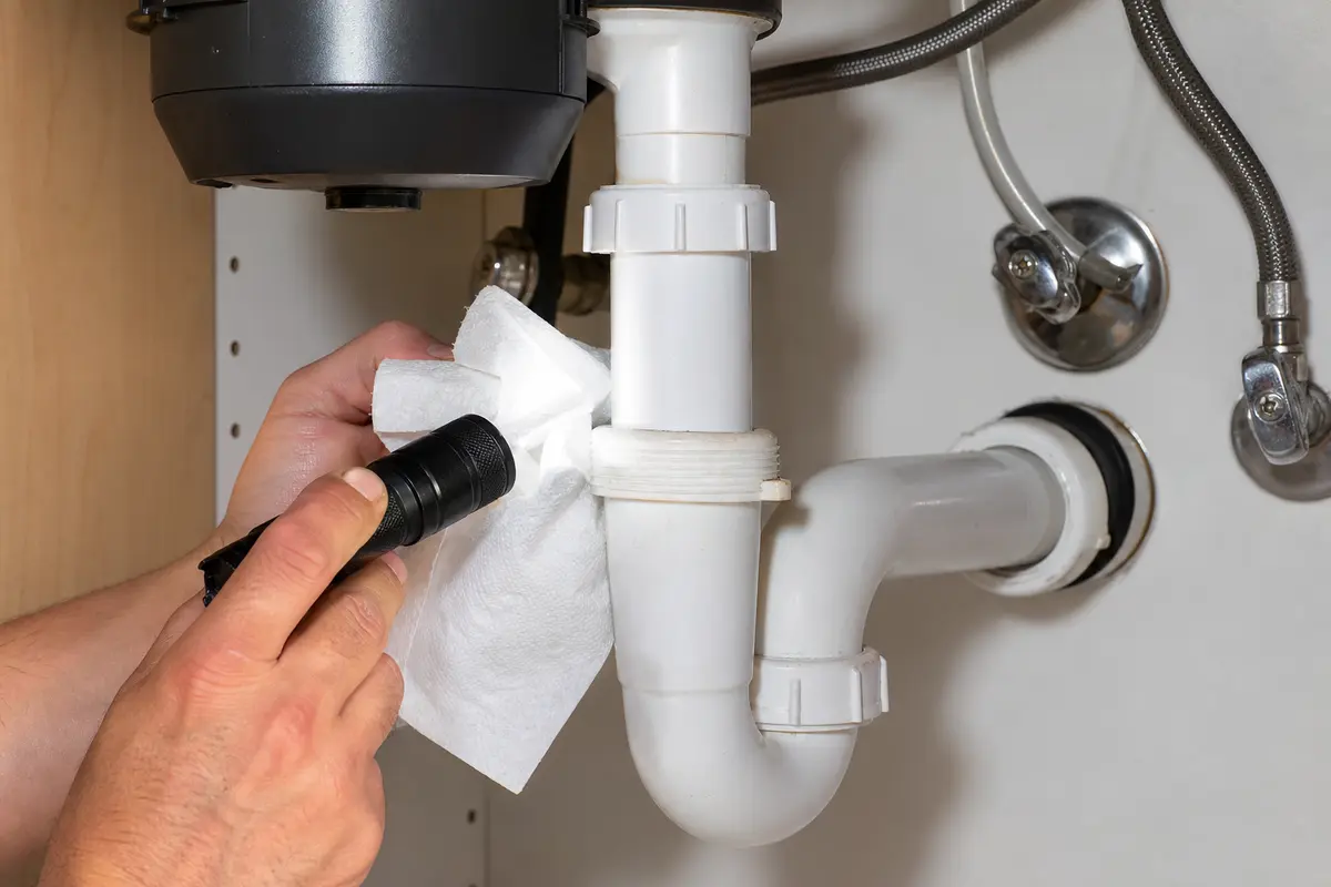 Inspection flashlight checking kitchen sink drain slip joints under the cabinet