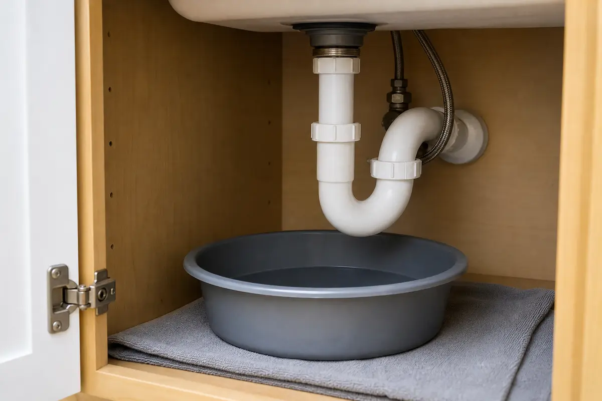 Low shallow pan under a kitchen sink P-trap to catch trap water