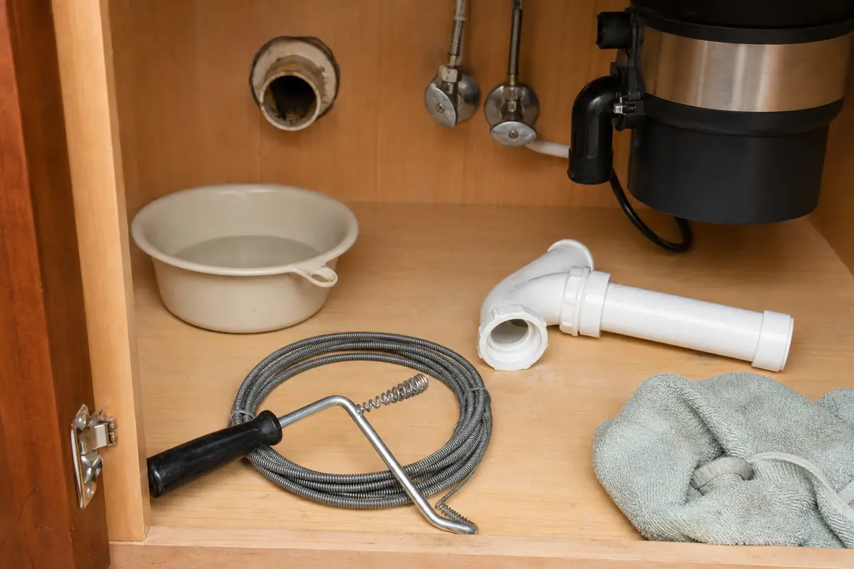 Small hand drain snake staged near a removed kitchen sink P-trap