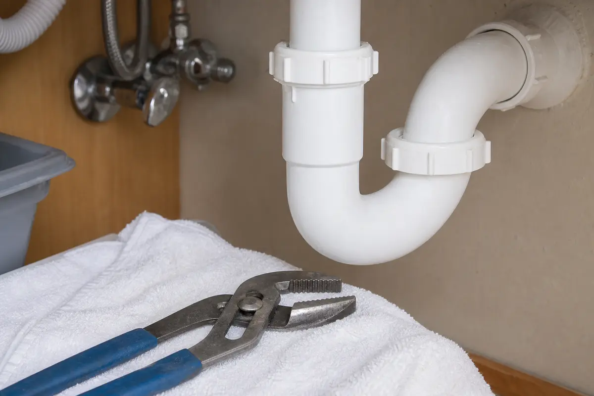 Tongue-and-groove pliers beside a kitchen sink P-trap slip nut