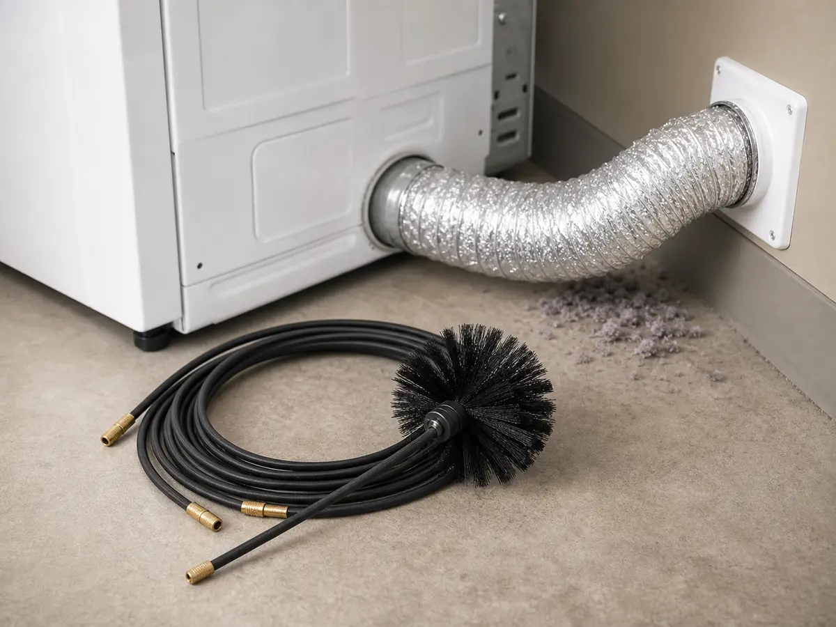 Dryer vent brush kit staged beside a flexible dryer vent hose and lint