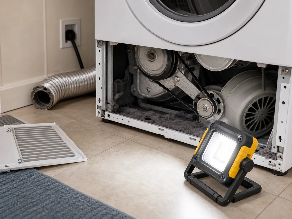 LED work light aimed into an unplugged dryer cabinet for roller and blower inspection