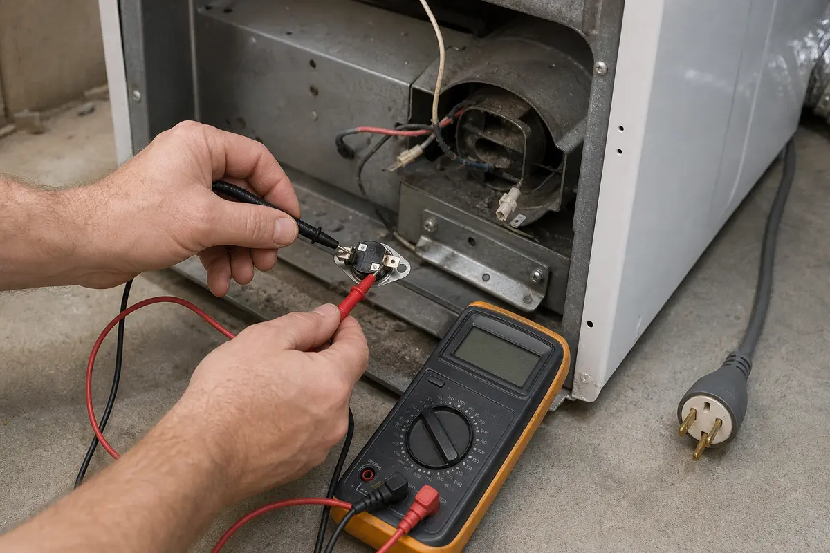 Digital multimeter set up for continuity checks on unplugged dryer heat parts