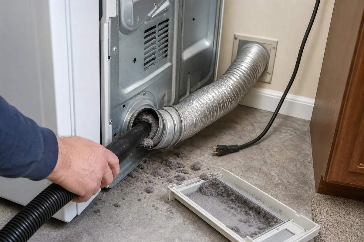 Vacuum hose attachment cleaning lint near a dryer vent connection