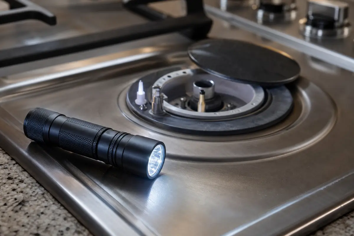 Inspection flashlight for LG gas cooktop burner won't ignite diagnosis