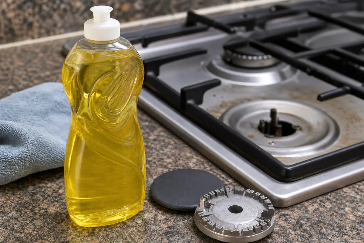 Mild dish soap for cleaning gas cooktop burner cap and head