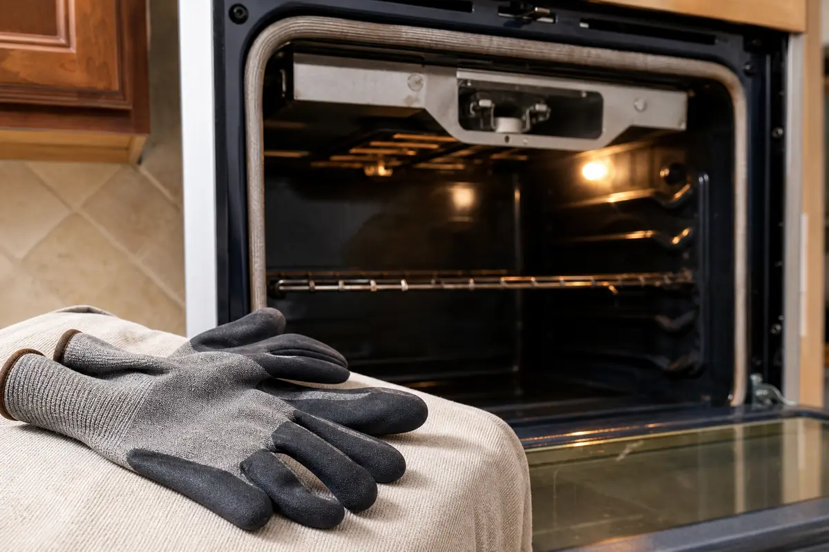 Cut-resistant work gloves shown in the repair area for lg oven broiler not working